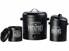 Lot de 3 pots de rangement rétro pour pommes de terre, oignons et ails.